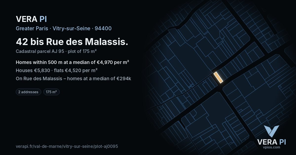 42 bis Rue des Malassis, Vitry-sur-Seine at night – the plot lit, the parcels around coloured by the prices near them