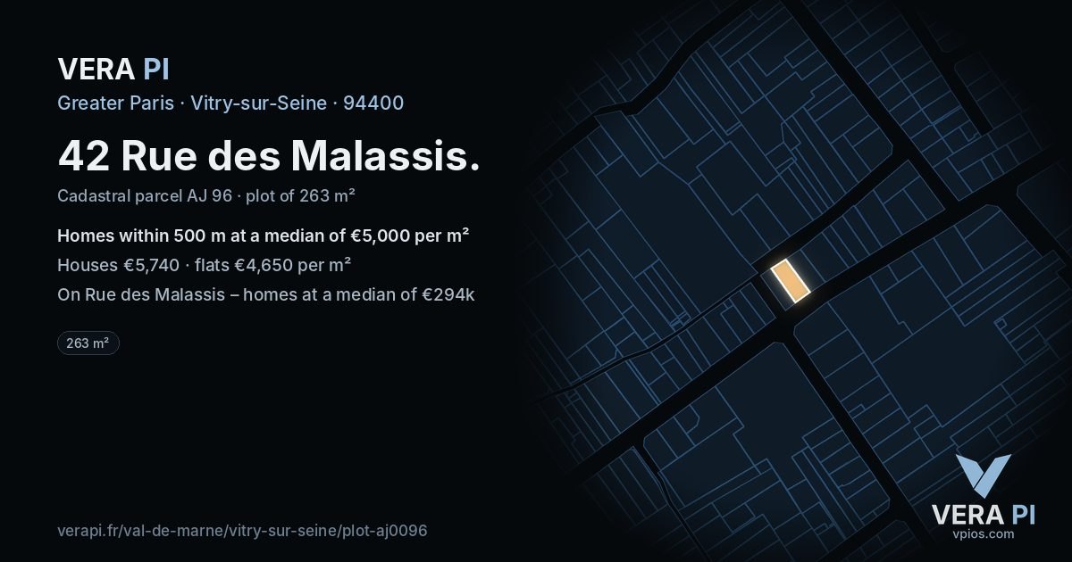 42 Rue des Malassis, Vitry-sur-Seine at night – the plot lit, the parcels around coloured by the prices near them