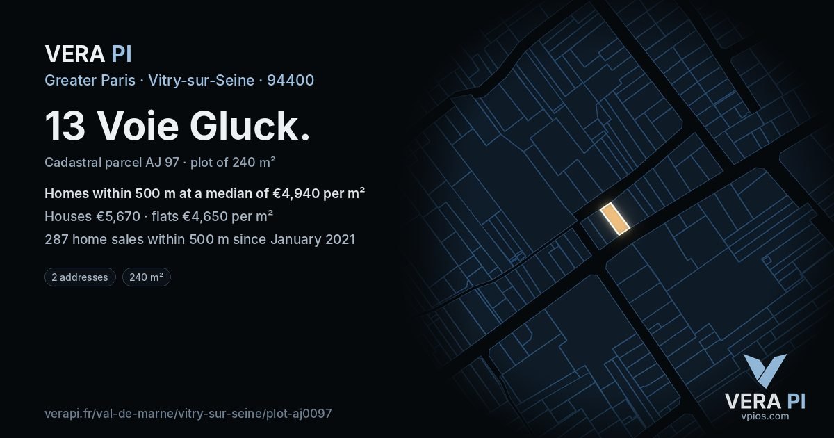 13 Voie Gluck, Vitry-sur-Seine at night – the plot lit, the parcels around coloured by the prices near them