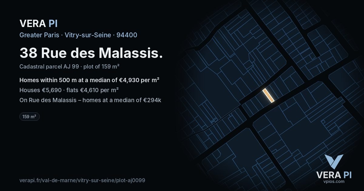 38 Rue des Malassis, Vitry-sur-Seine at night – the plot lit, the parcels around coloured by the prices near them