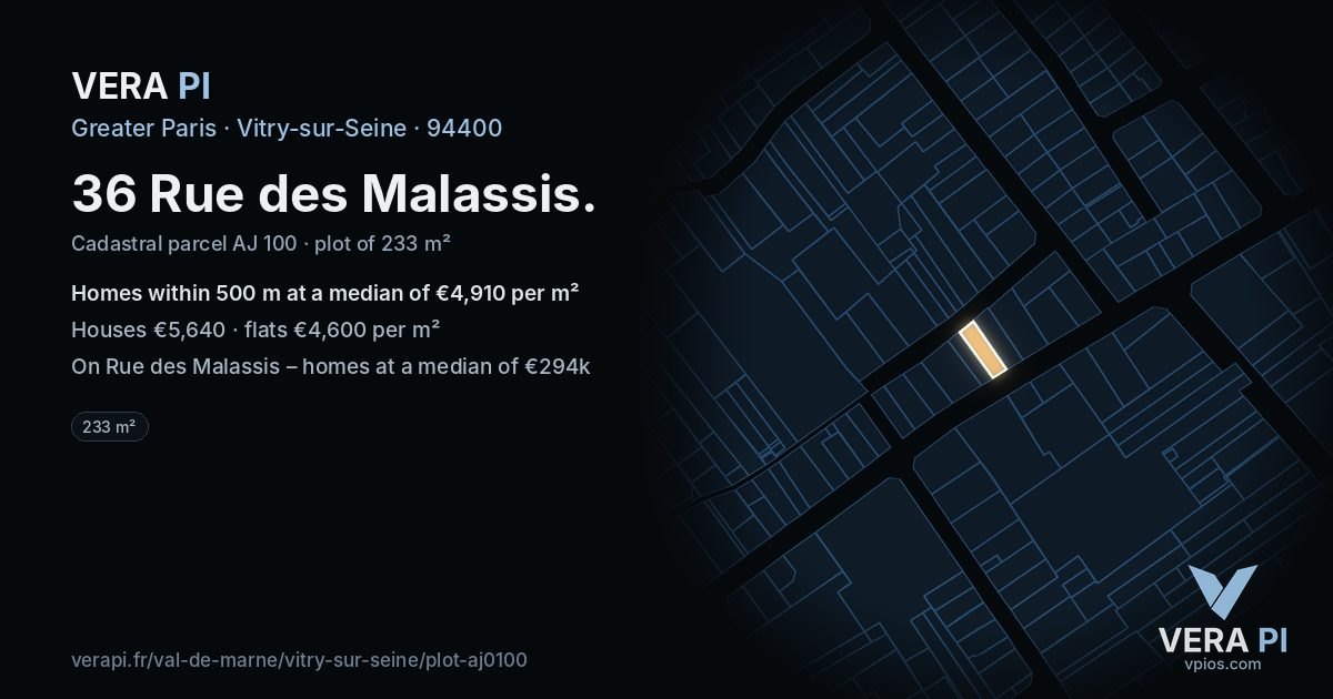 36 Rue des Malassis, Vitry-sur-Seine at night – the plot lit, the parcels around coloured by the prices near them