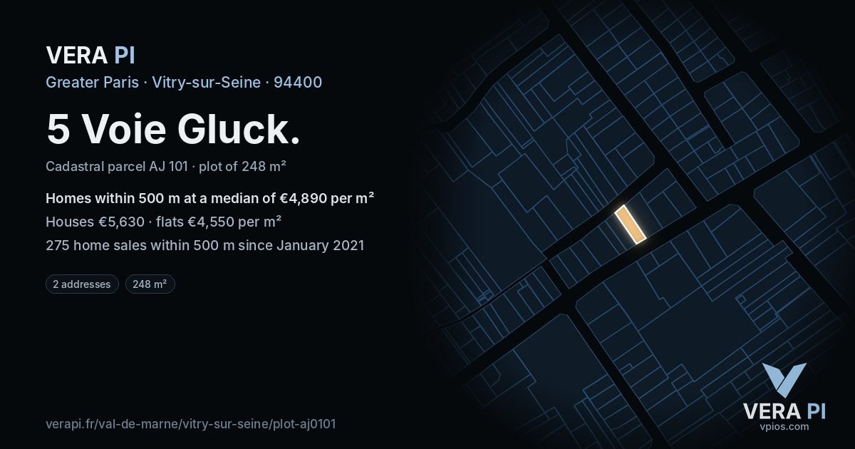 5 Voie Gluck, Vitry-sur-Seine at night – the plot lit, the parcels around coloured by the prices near them