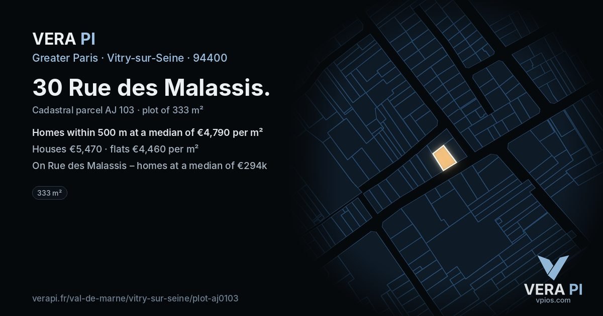 30 Rue des Malassis, Vitry-sur-Seine at night – the plot lit, the parcels around coloured by the prices near them