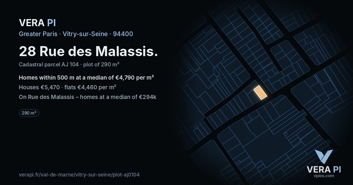 28 Rue des Malassis, Vitry-sur-Seine at night – the plot lit, the parcels around coloured by the prices near them