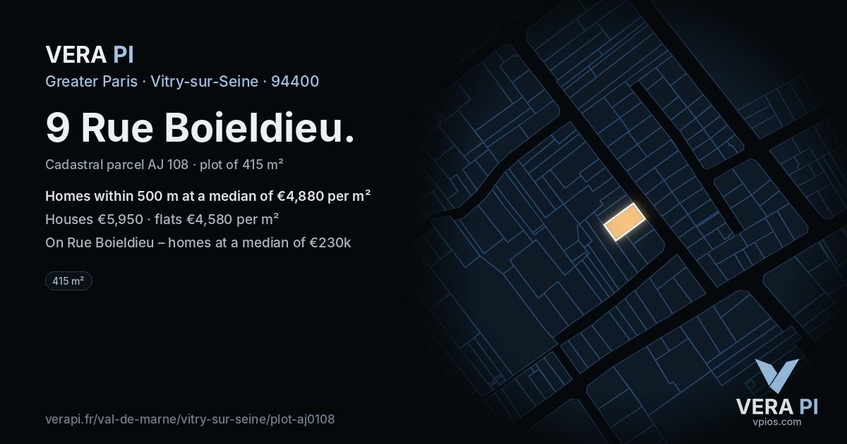 9 Rue Boieldieu, Vitry-sur-Seine at night – the plot lit, the parcels around coloured by the prices near them