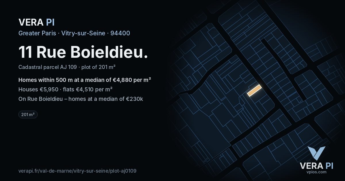 11 Rue Boieldieu, Vitry-sur-Seine at night – the plot lit, the parcels around coloured by the prices near them