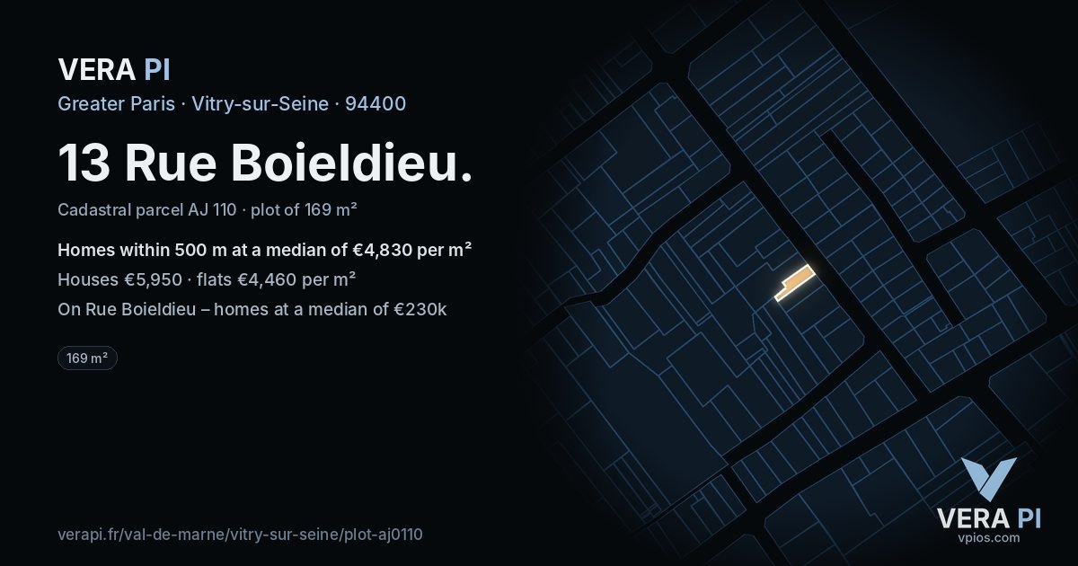 13 Rue Boieldieu, Vitry-sur-Seine at night – the plot lit, the parcels around coloured by the prices near them