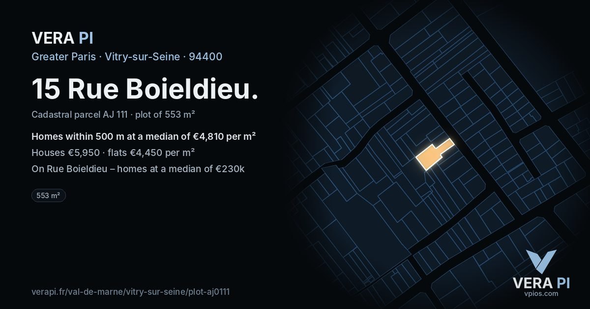 15 Rue Boieldieu, Vitry-sur-Seine at night – the plot lit, the parcels around coloured by the prices near them