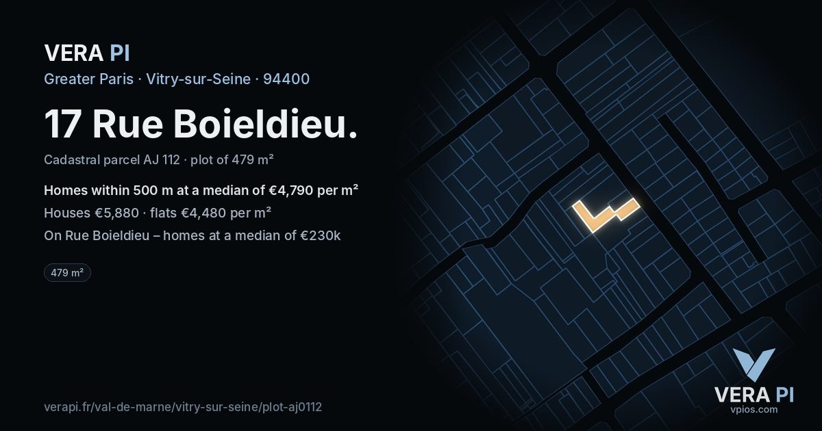 17 Rue Boieldieu, Vitry-sur-Seine at night – the plot lit, the parcels around coloured by the prices near them
