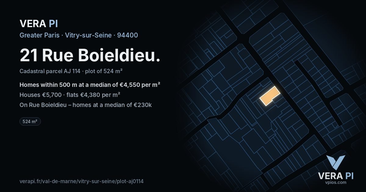 21 Rue Boieldieu, Vitry-sur-Seine at night – the plot lit, the parcels around coloured by the prices near them