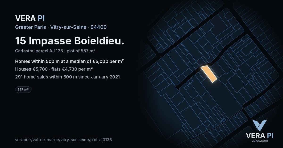15 Impasse Boieldieu, Vitry-sur-Seine at night – the plot lit, the parcels around coloured by the prices near them