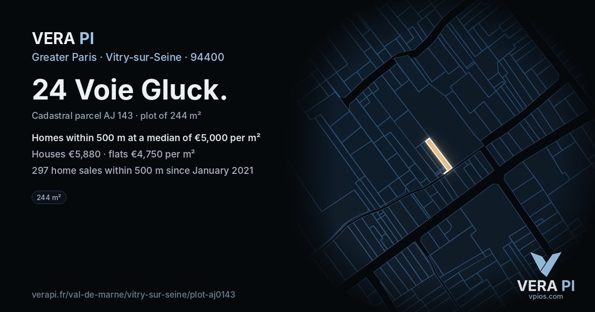 24 Voie Gluck, Vitry-sur-Seine at night – the plot lit, the parcels around coloured by the prices near them