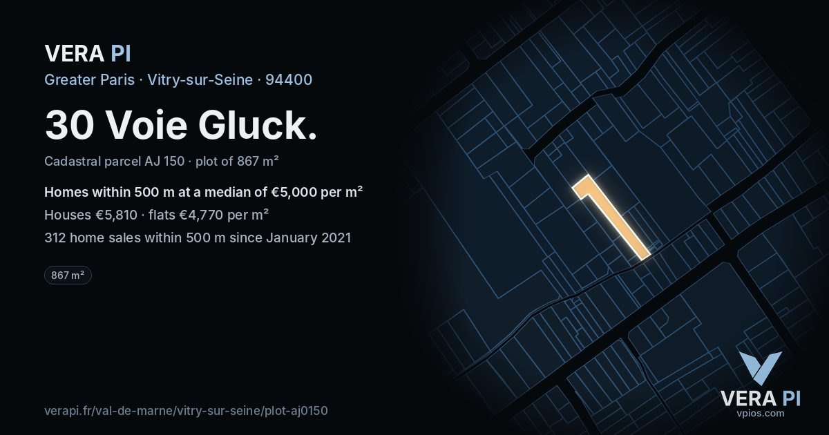 30 Voie Gluck, Vitry-sur-Seine at night – the plot lit, the parcels around coloured by the prices near them