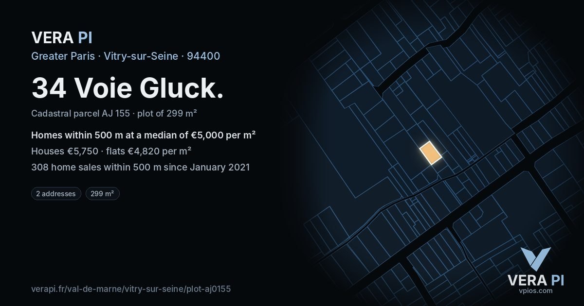 34 Voie Gluck, Vitry-sur-Seine at night – the plot lit, the parcels around coloured by the prices near them