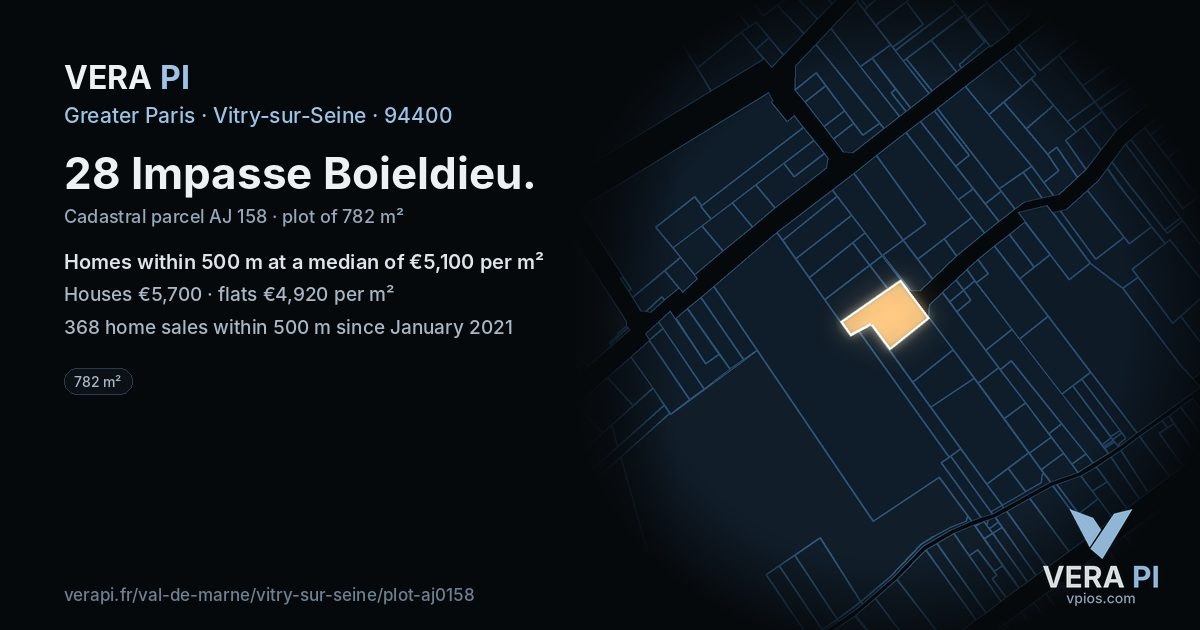 28 Impasse Boieldieu, Vitry-sur-Seine at night – the plot lit, the parcels around coloured by the prices near them