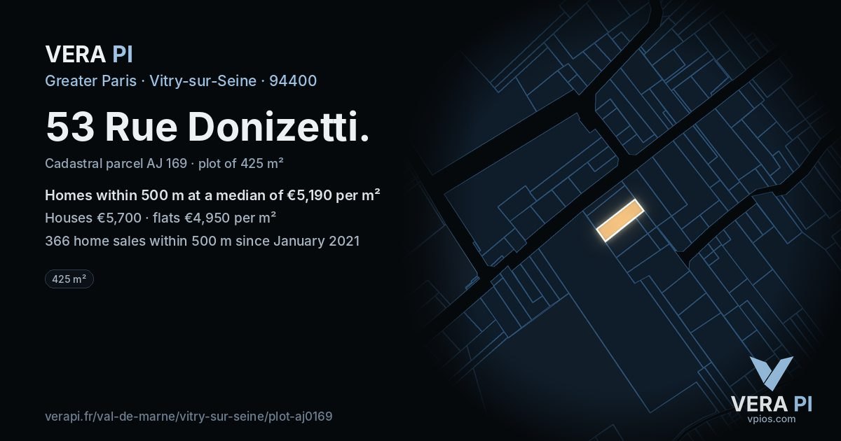 53 Rue Donizetti, Vitry-sur-Seine at night – the plot lit, the parcels around coloured by the prices near them