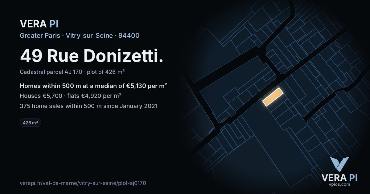 49 Rue Donizetti, Vitry-sur-Seine at night – the plot lit, the parcels around coloured by the prices near them