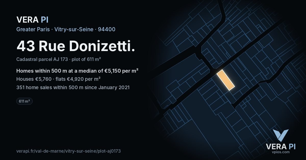 43 Rue Donizetti, Vitry-sur-Seine at night – the plot lit, the parcels around coloured by the prices near them