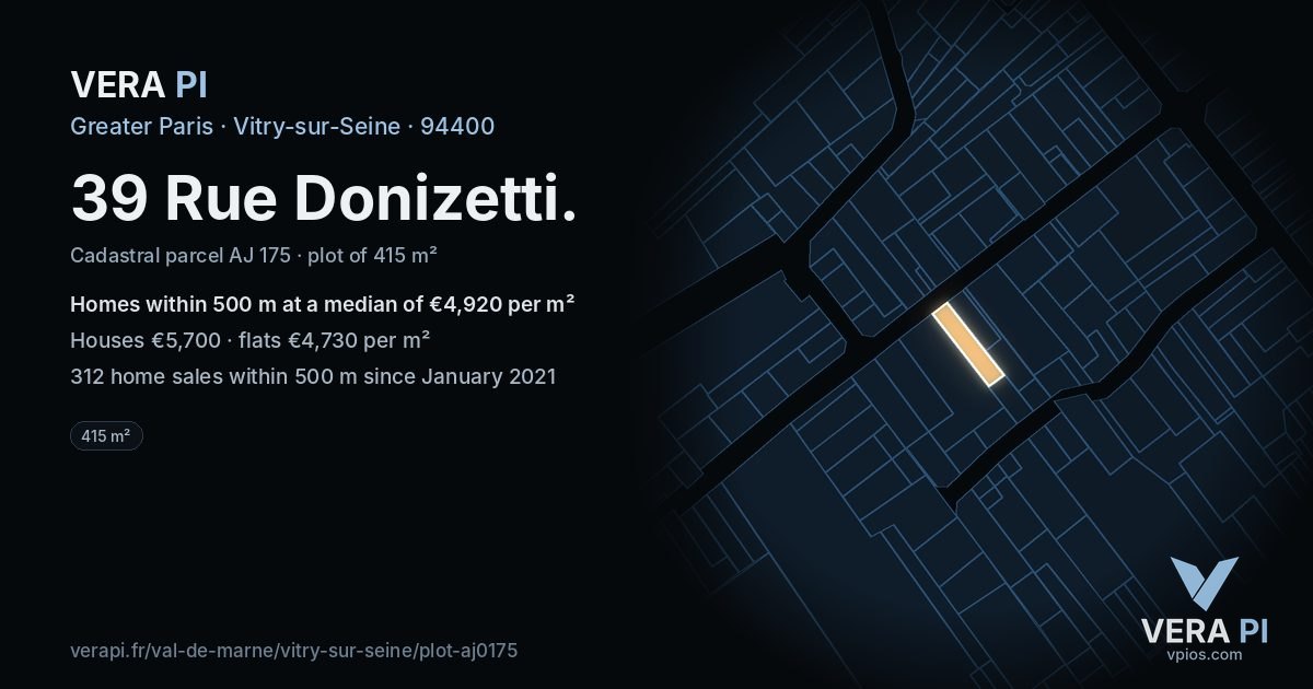 39 Rue Donizetti, Vitry-sur-Seine at night – the plot lit, the parcels around coloured by the prices near them