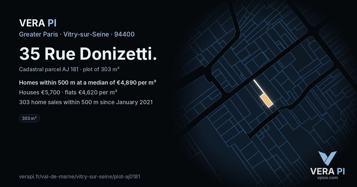 35 Rue Donizetti, Vitry-sur-Seine at night – the plot lit, the parcels around coloured by the prices near them