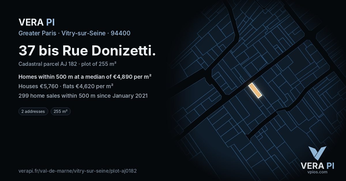 37 bis Rue Donizetti, Vitry-sur-Seine at night – the plot lit, the parcels around coloured by the prices near them