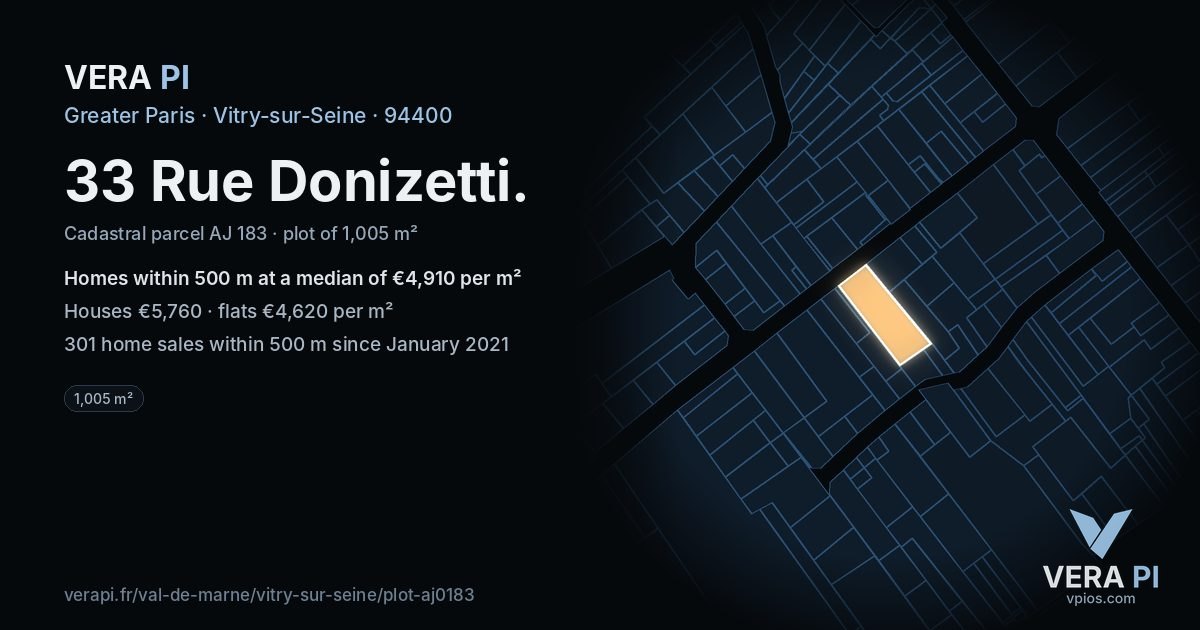 33 Rue Donizetti, Vitry-sur-Seine at night – the plot lit, the parcels around coloured by the prices near them
