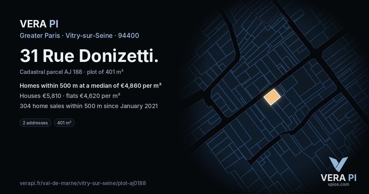 31 Rue Donizetti, Vitry-sur-Seine at night – the plot lit, the parcels around coloured by the prices near them