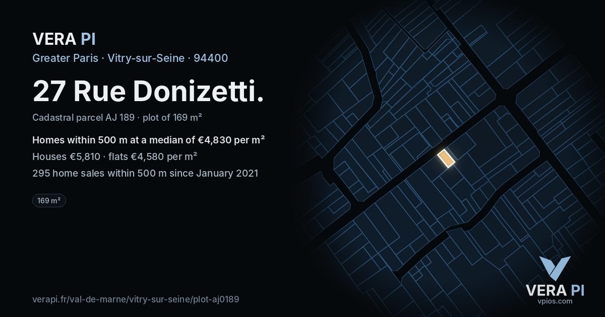 27 Rue Donizetti, Vitry-sur-Seine at night – the plot lit, the parcels around coloured by the prices near them