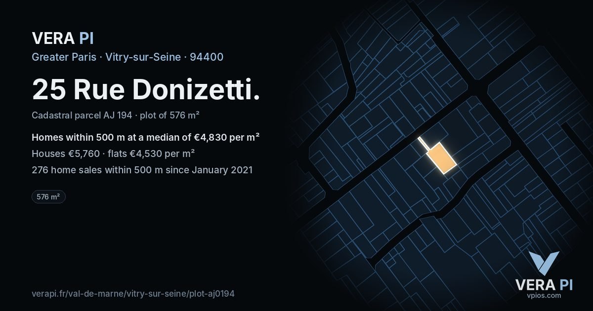 25 Rue Donizetti, Vitry-sur-Seine at night – the plot lit, the parcels around coloured by the prices near them