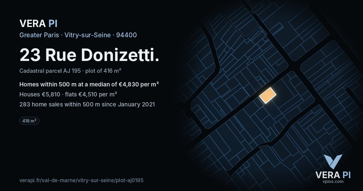 23 Rue Donizetti, Vitry-sur-Seine at night – the plot lit, the parcels around coloured by the prices near them