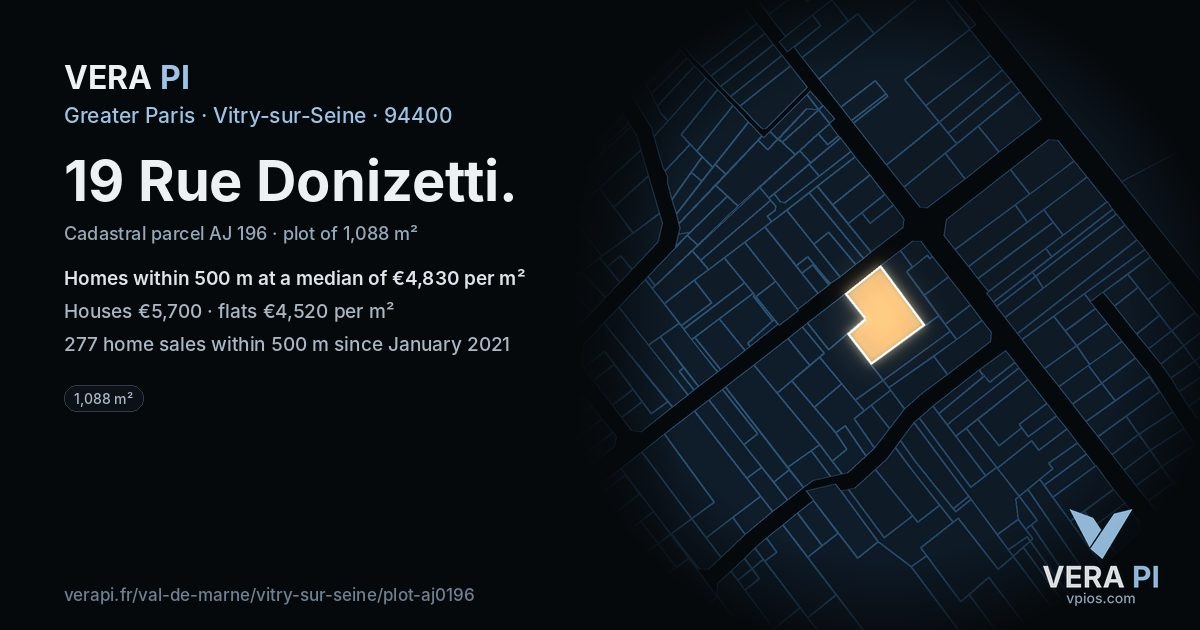 19 Rue Donizetti, Vitry-sur-Seine at night – the plot lit, the parcels around coloured by the prices near them