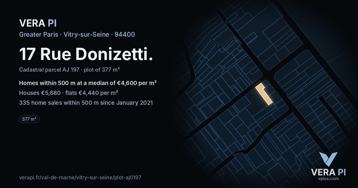 17 Rue Donizetti, Vitry-sur-Seine at night – the plot lit, the parcels around coloured by the prices near them