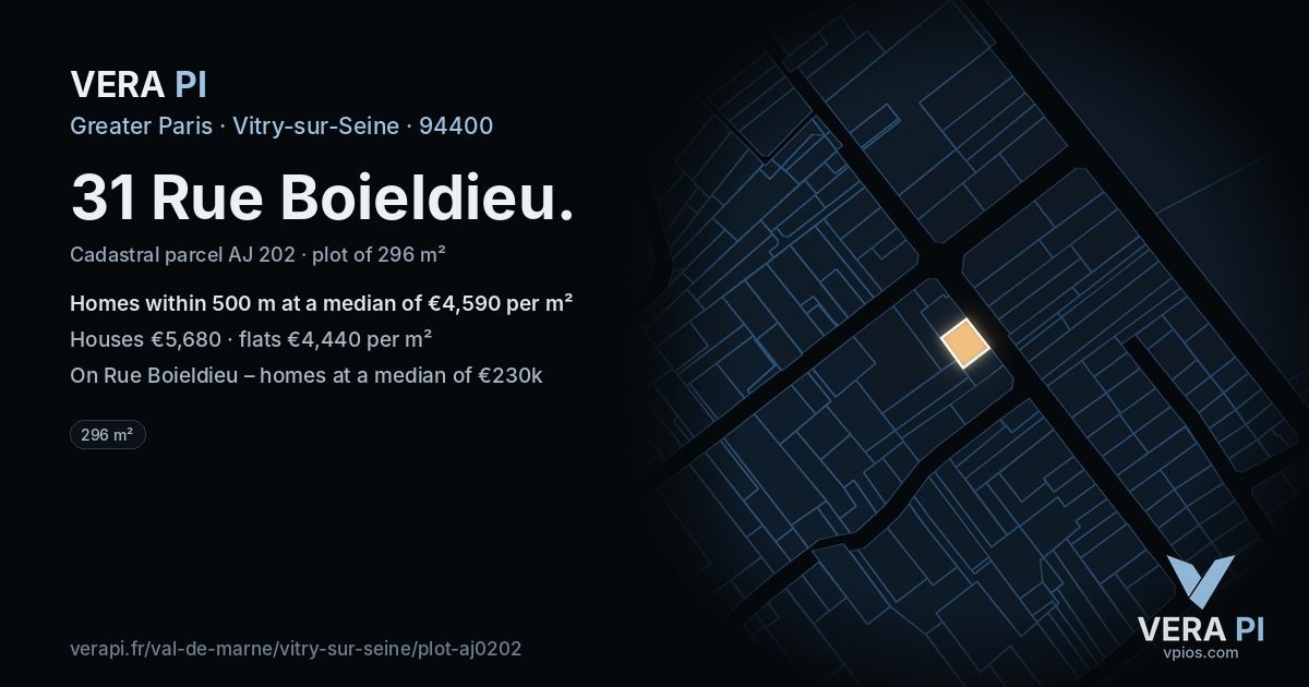31 Rue Boieldieu, Vitry-sur-Seine at night – the plot lit, the parcels around coloured by the prices near them