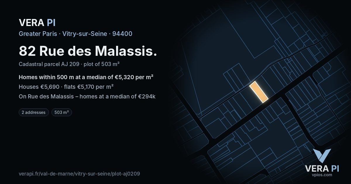 82 Rue des Malassis, Vitry-sur-Seine at night – the plot lit, the parcels around coloured by the prices near them