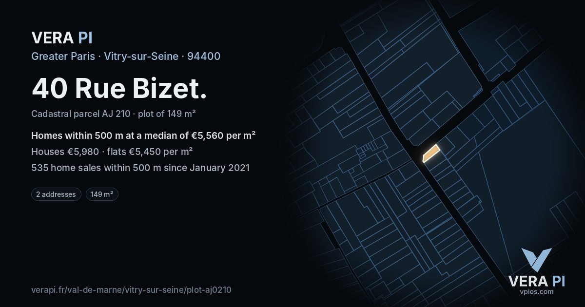 40 Rue Bizet, Vitry-sur-Seine at night – the plot lit, the parcels around coloured by the prices near them