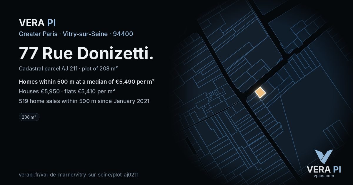 77 Rue Donizetti, Vitry-sur-Seine at night – the plot lit, the parcels around coloured by the prices near them