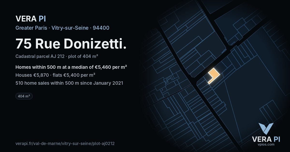 75 Rue Donizetti, Vitry-sur-Seine at night – the plot lit, the parcels around coloured by the prices near them