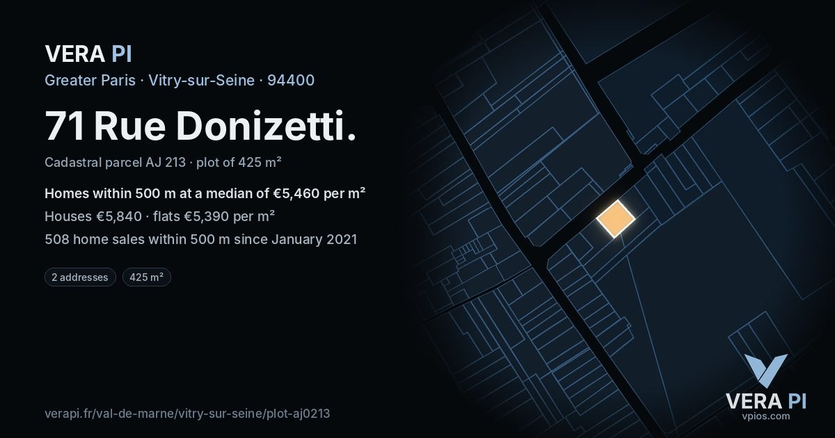 71 Rue Donizetti, Vitry-sur-Seine at night – the plot lit, the parcels around coloured by the prices near them
