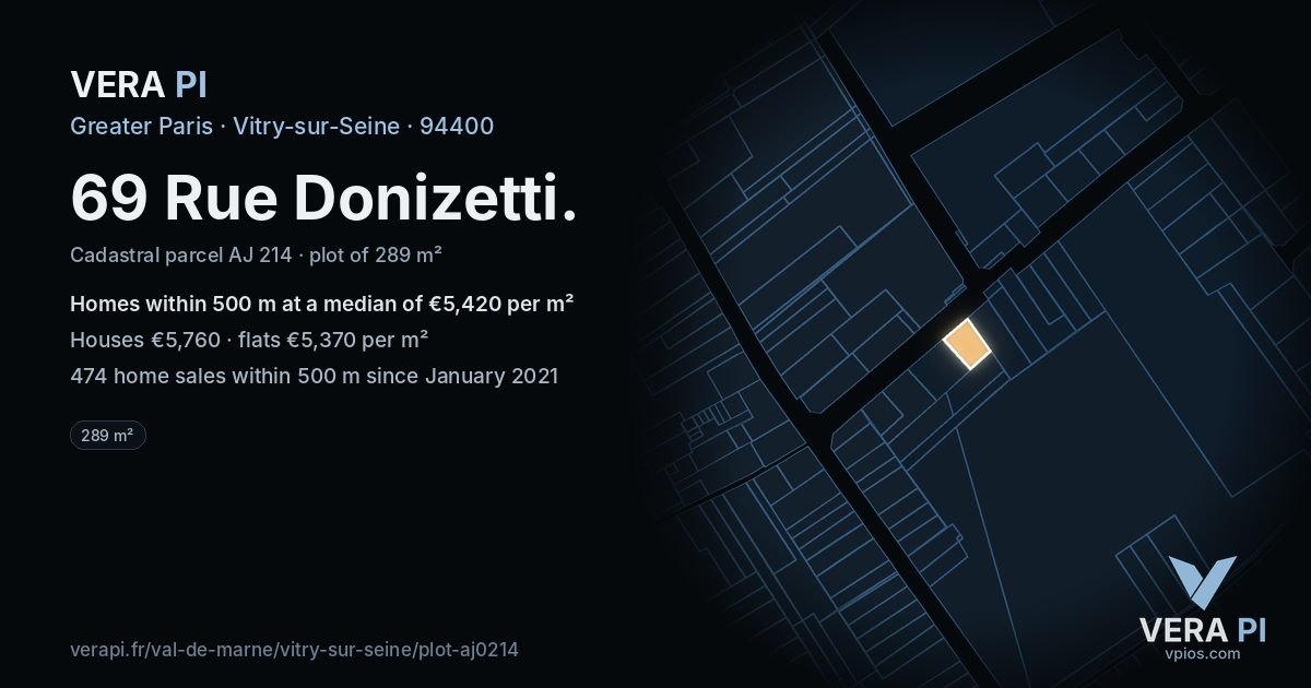 69 Rue Donizetti, Vitry-sur-Seine at night – the plot lit, the parcels around coloured by the prices near them