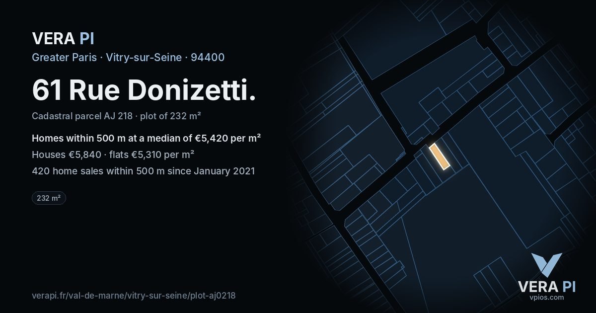61 Rue Donizetti, Vitry-sur-Seine at night – the plot lit, the parcels around coloured by the prices near them