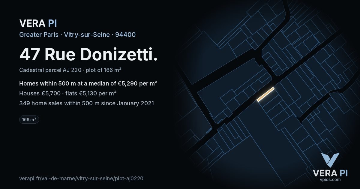 47 Rue Donizetti, Vitry-sur-Seine at night – the plot lit, the parcels around coloured by the prices near them
