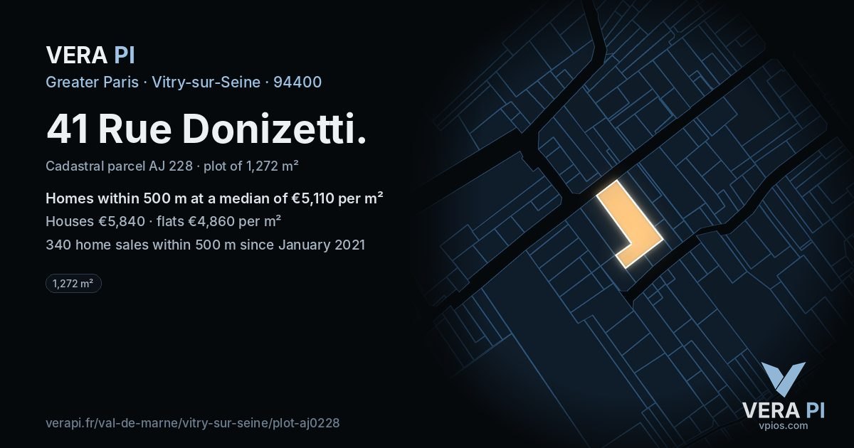 41 Rue Donizetti, Vitry-sur-Seine at night – the plot lit, the parcels around coloured by the prices near them