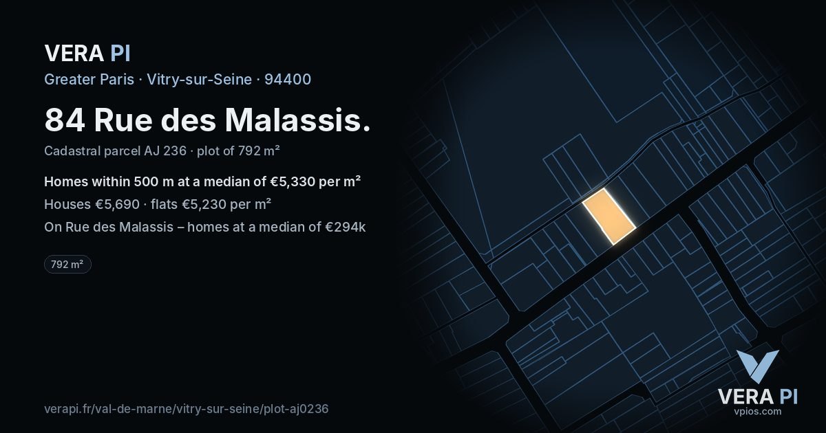 84 Rue des Malassis, Vitry-sur-Seine at night – the plot lit, the parcels around coloured by the prices near them