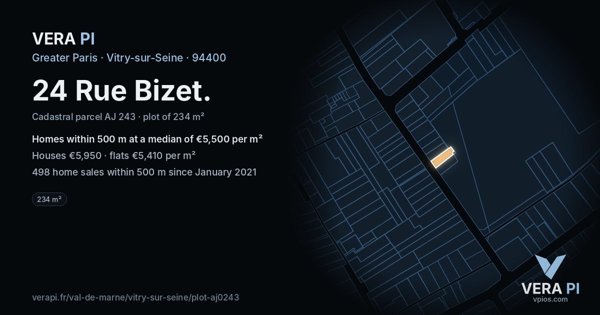24 Rue Bizet, Vitry-sur-Seine at night – the plot lit, the parcels around coloured by the prices near them