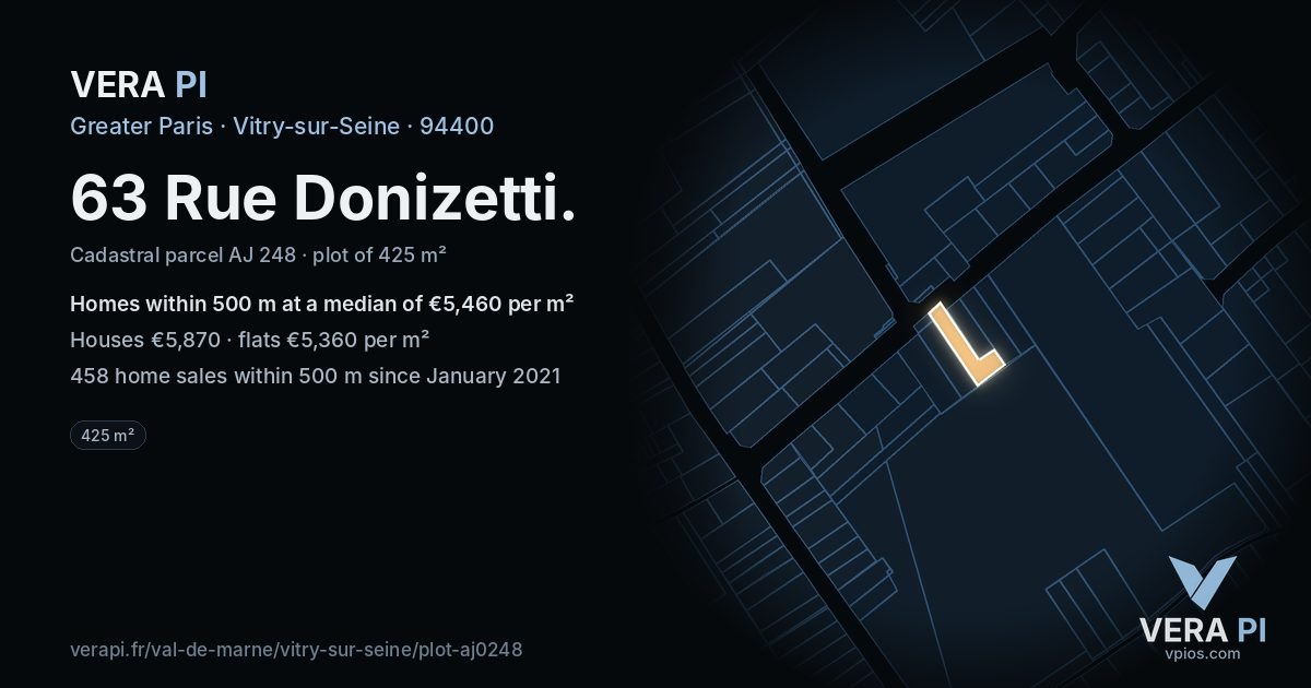 63 Rue Donizetti, Vitry-sur-Seine at night – the plot lit, the parcels around coloured by the prices near them