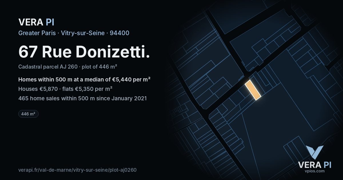 67 Rue Donizetti, Vitry-sur-Seine at night – the plot lit, the parcels around coloured by the prices near them
