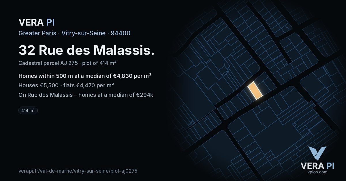 32 Rue des Malassis, Vitry-sur-Seine at night – the plot lit, the parcels around coloured by the prices near them