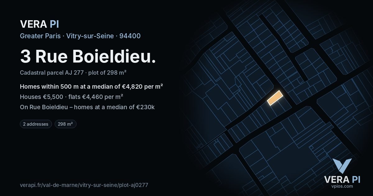3 Rue Boieldieu, Vitry-sur-Seine at night – the plot lit, the parcels around coloured by the prices near them