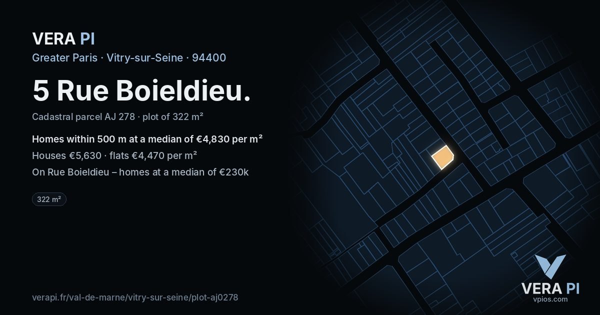 5 Rue Boieldieu, Vitry-sur-Seine at night – the plot lit, the parcels around coloured by the prices near them