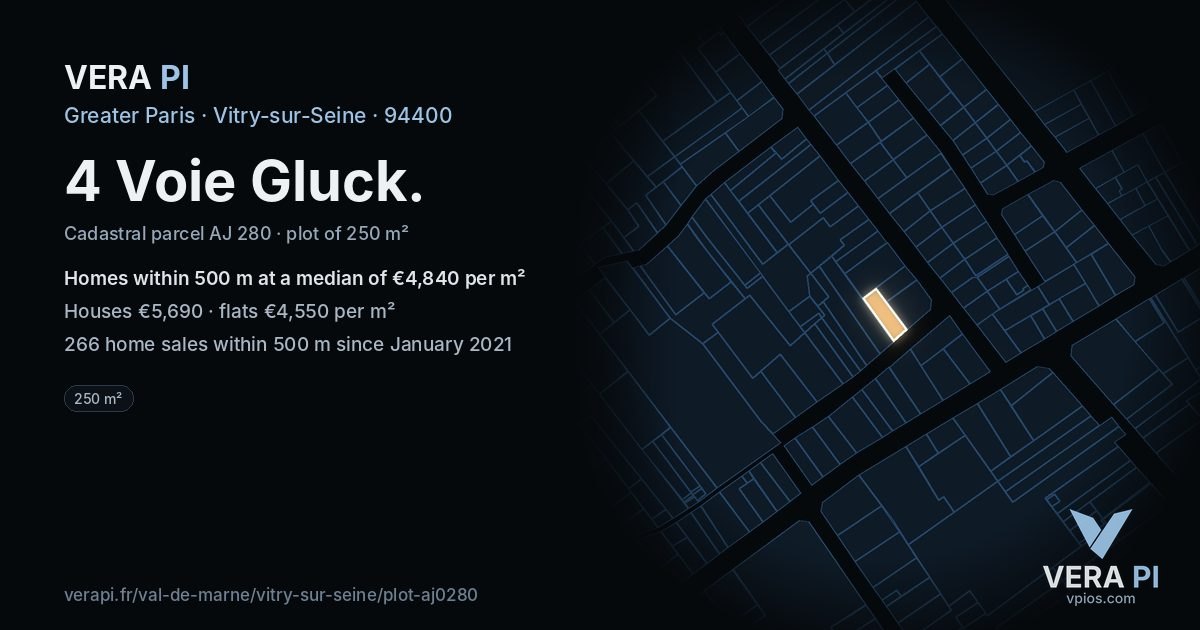 4 Voie Gluck, Vitry-sur-Seine at night – the plot lit, the parcels around coloured by the prices near them